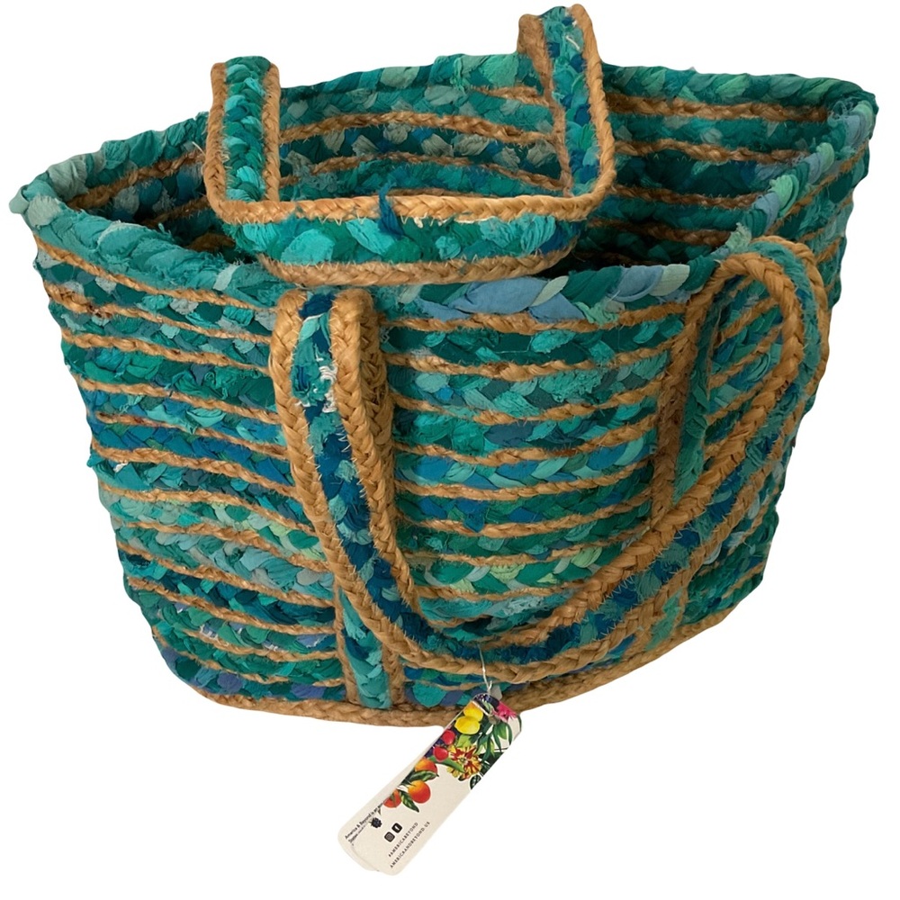 America & Beyond Jute/Fabric Blues Bag with Handle NWT Perfect Condition